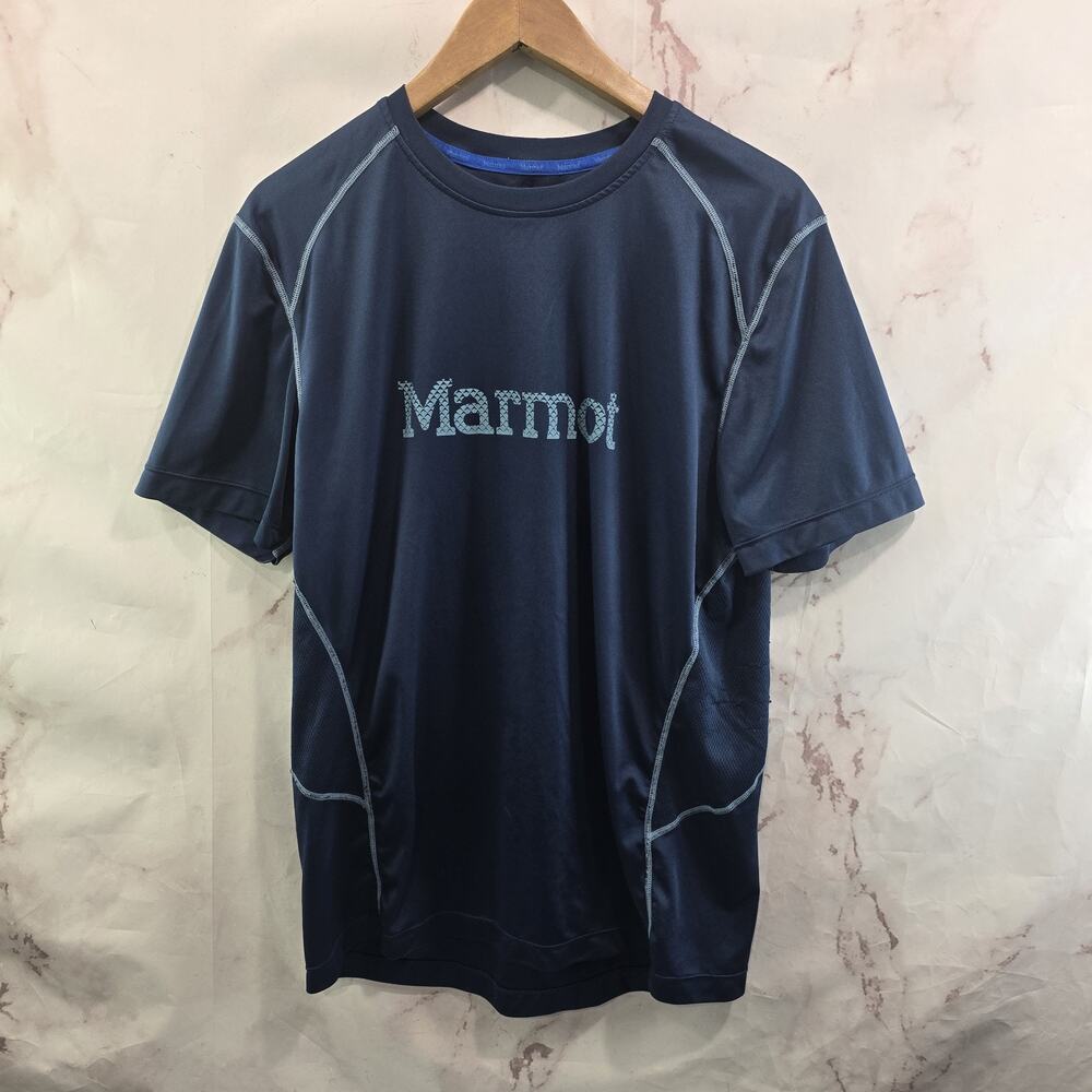 Marmot Shirt Mens Large Blue Short Sleeve Crew Spellout Active Hiking Wicking